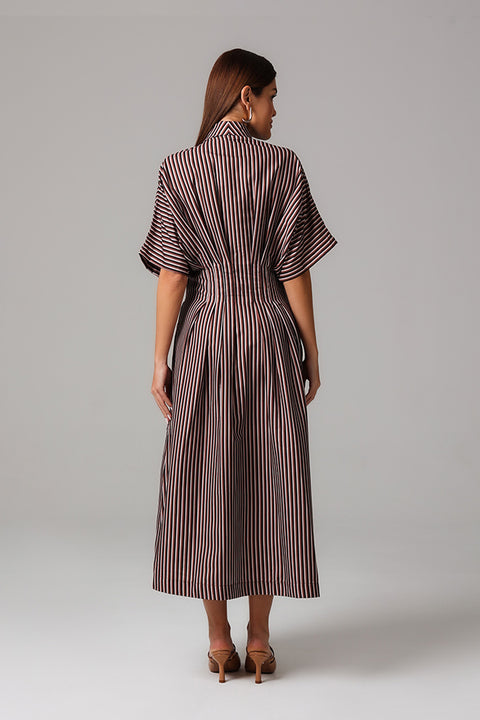 Brown Striped Pleated Shirt Dress