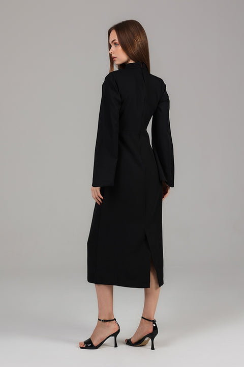 Black Midnight High-Neck Structured Midi Dress