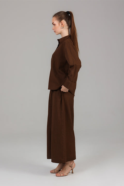 Dark Brown Relaxed Shirt & Wide-Leg Pants Set