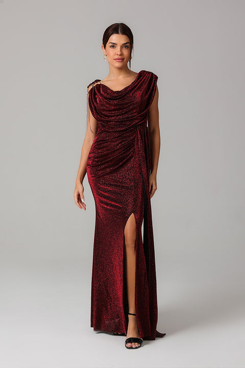 Maroon Shimmer Draped Gown with Embellished Shoulder