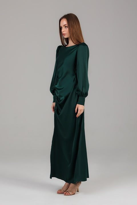 Green Satin Ruched Evening Dress