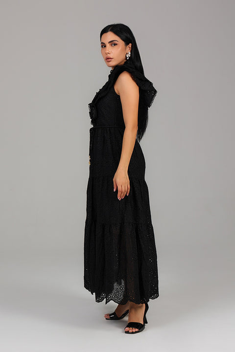 Black Embroidered Tiered Midi Dress