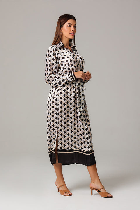 Black & Gold Geometric Print Shirt Dress 