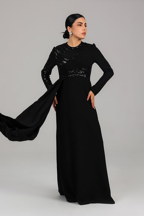 Black Asymmetric Sequin Panel Evening Gown with Drape Detail