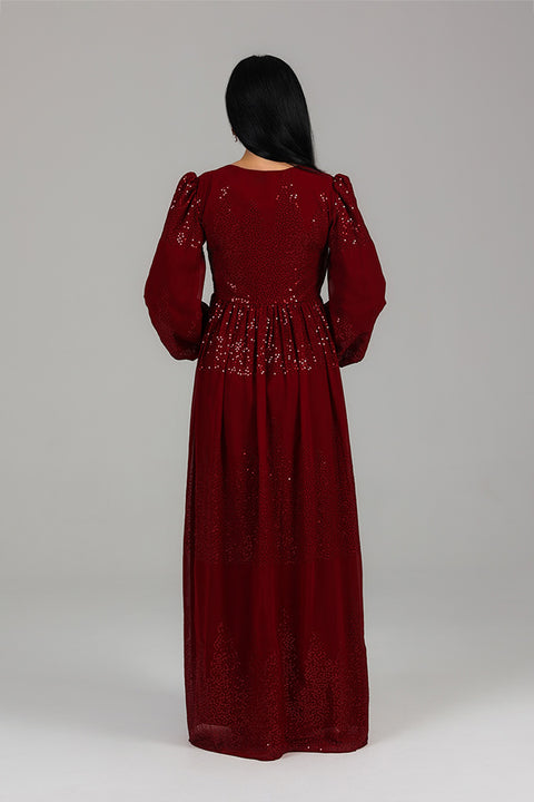 Burgundy Sequin Detail Modest Evening Dress 