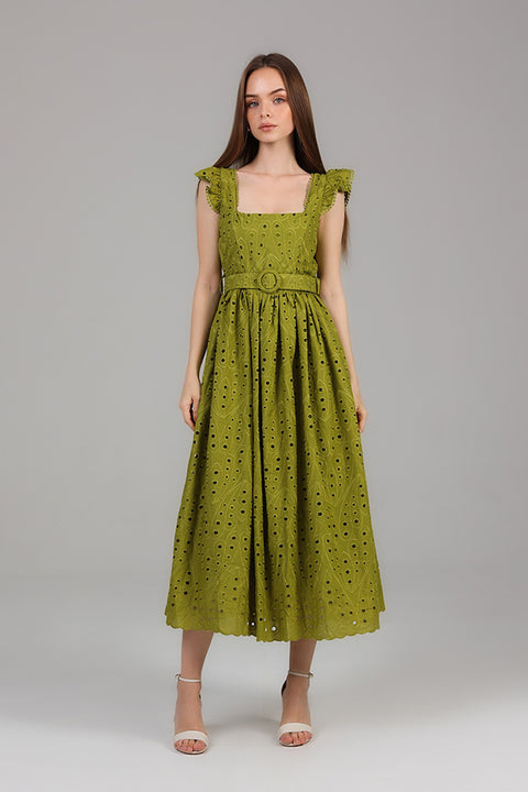 Limerick Eyelet Midi Dress with Belt