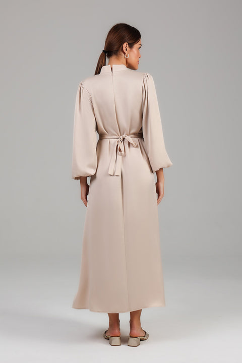 Cream High-Neck Midi Dress with Soft Pleats