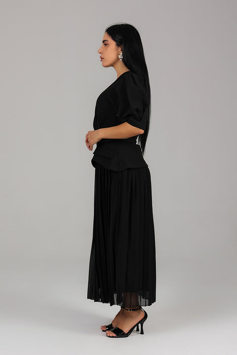 Black Structured Pleated Midi Dress