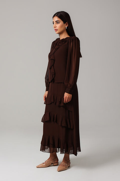 Brown Ruffle Detail Maxi Dress