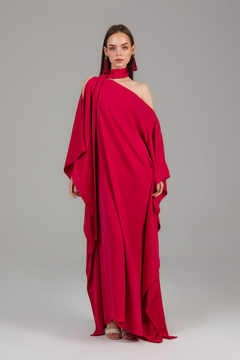 Magenta Draped One-Shoulder Kaftan Gown