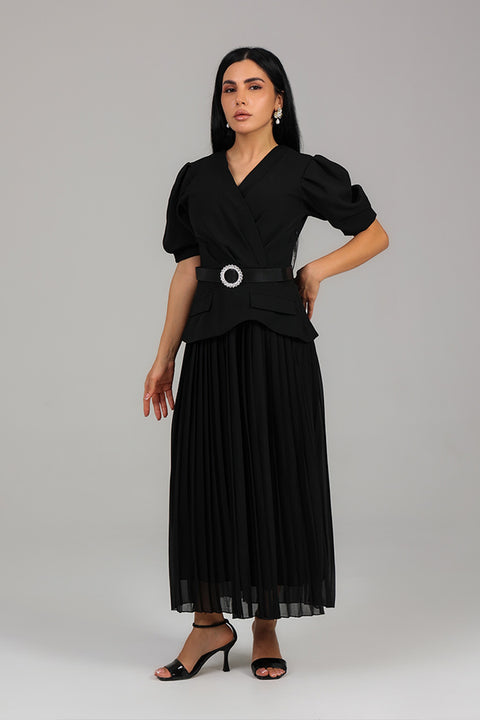 Black Structured Pleated Midi Dress