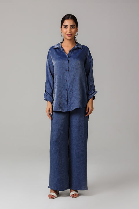 Navy Blue Steel Satin Co-ord Set