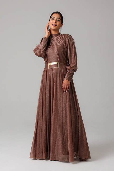 Rose Gold Shimmer Pleated Maxi Dress with Belt Detail
