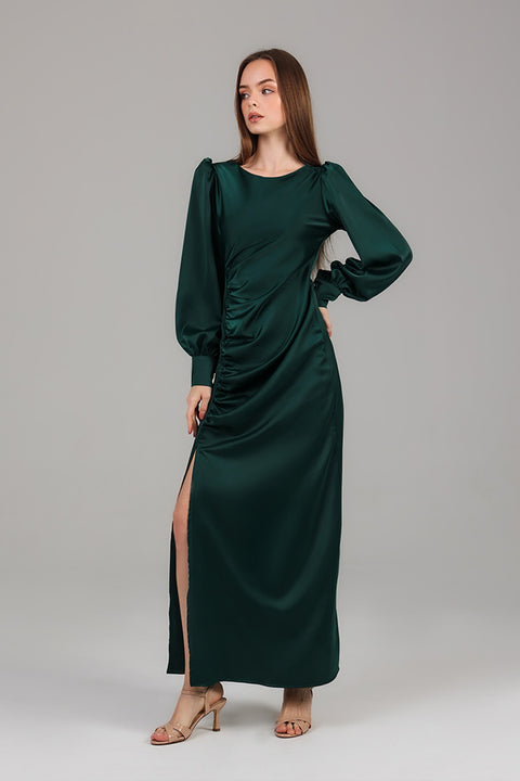Green Satin Ruched Evening Dress