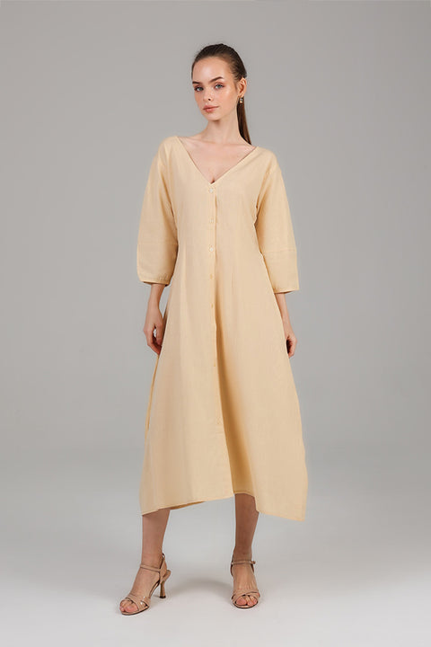 Beige Button-Front A-Line Midi Dress