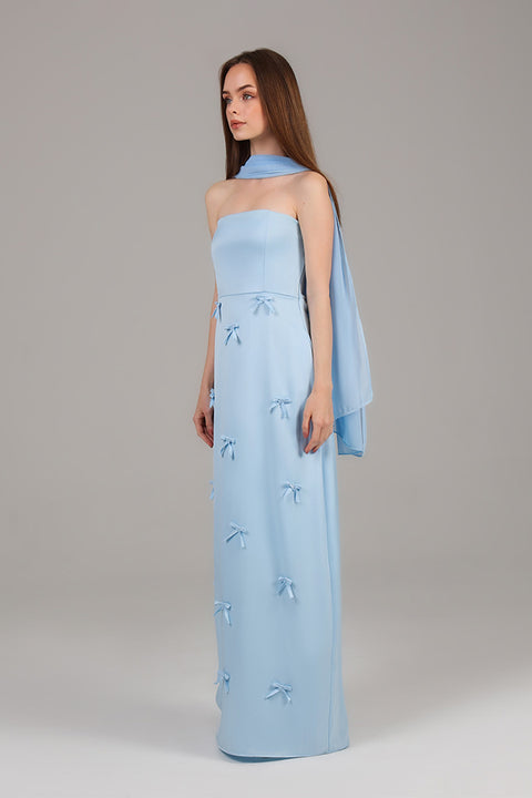 Sky Blue Strapless Bow Detail Maxi Dress
