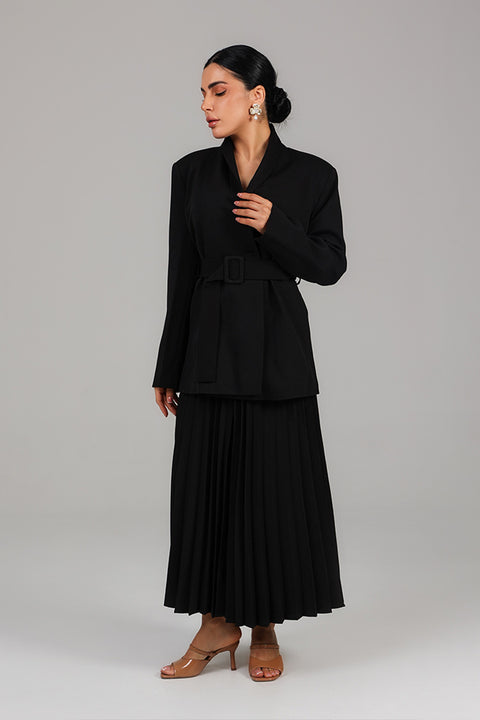 Black Tailored Jacket & Pleated Skirt Set
