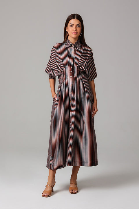 Brown Striped Pleated Shirt Dress