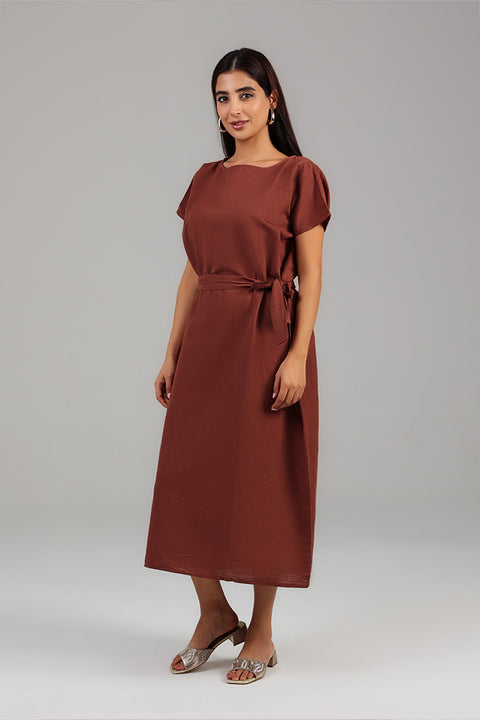 Brown Belted Modest Midi Dress
