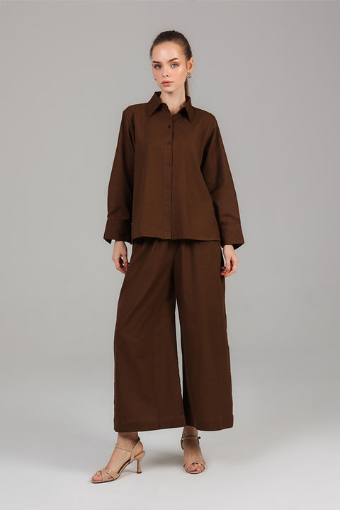 Dark Brown Relaxed Shirt & Wide-Leg Pants Set
