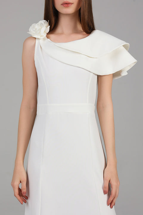 White One-Shoulder Ruffle Detail Maxi Dress