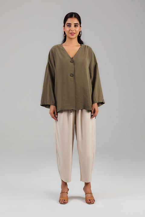 Khaki Relaxed Button-Front Top