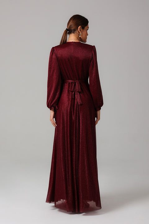 Maroon Shimmer Maxi Dress with Soft Waist Gather