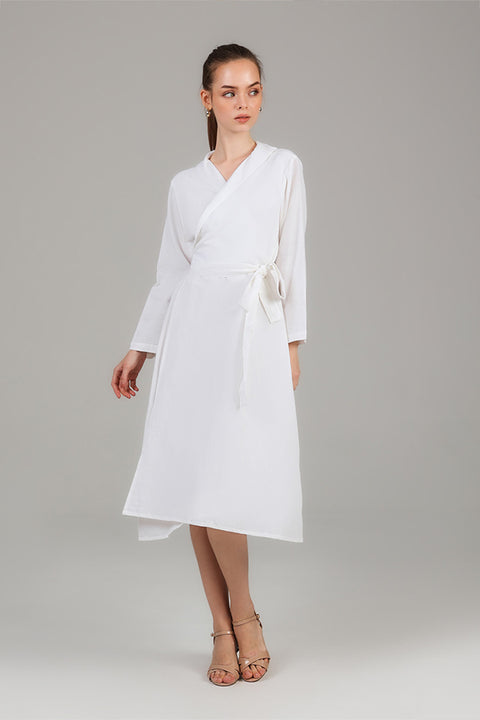 White Wrap Detail Modest Dress
