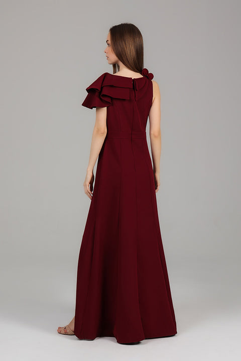 Maroon One-Shoulder Ruffle Detail Maxi Dress