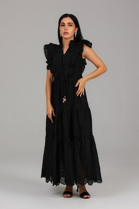 Black Embroidered Tiered Midi Dress