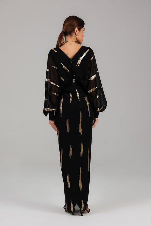 Black Foil Detail Modest Evening Dress