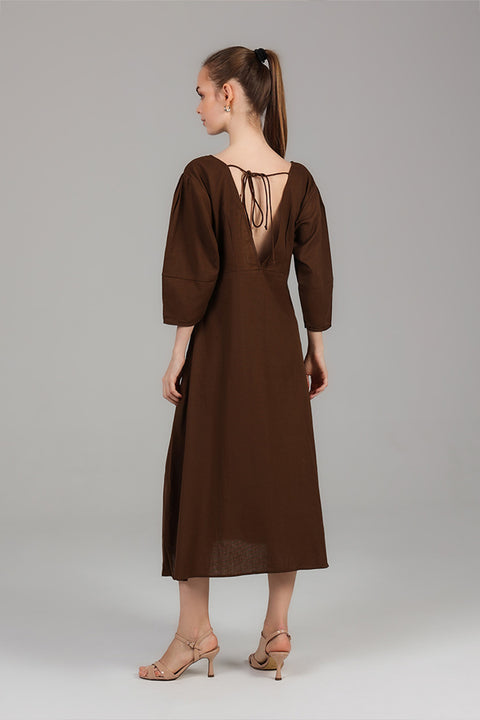 Dark Brown Button-Front A-Line Midi Dress