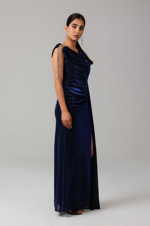 Navy Blue Shimmer Draped Gown with Embellished Shoulder