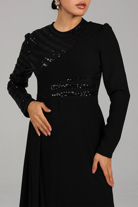 Black Asymmetric Sequin Panel Evening Gown with Drape Detail