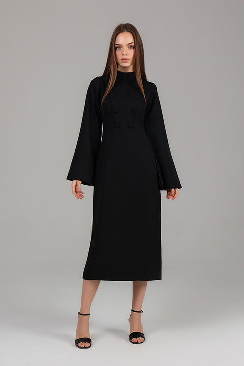 Black Midnight High-Neck Structured Midi Dress