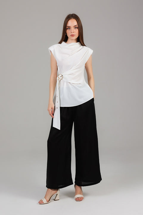 White Draped Wrap Detail Top