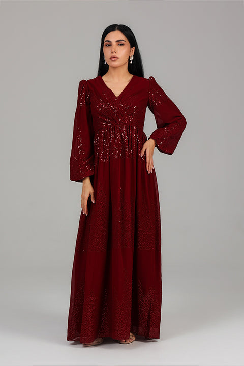 Burgundy Sequin Detail Modest Evening Dress 