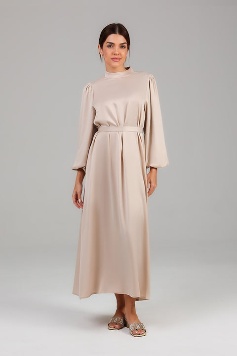 Cream High-Neck Midi Dress with Soft Pleats