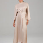 High-Neck Midi Dress with Soft Pleats BKMF 018 Cream