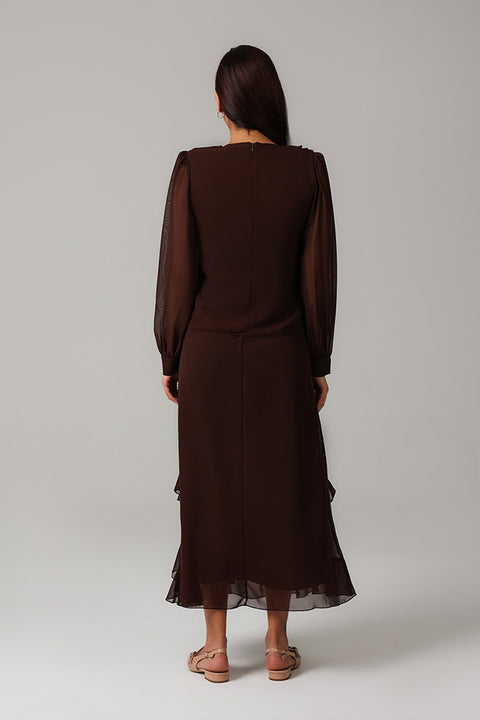 Brown Ruffle Detail Maxi Dress