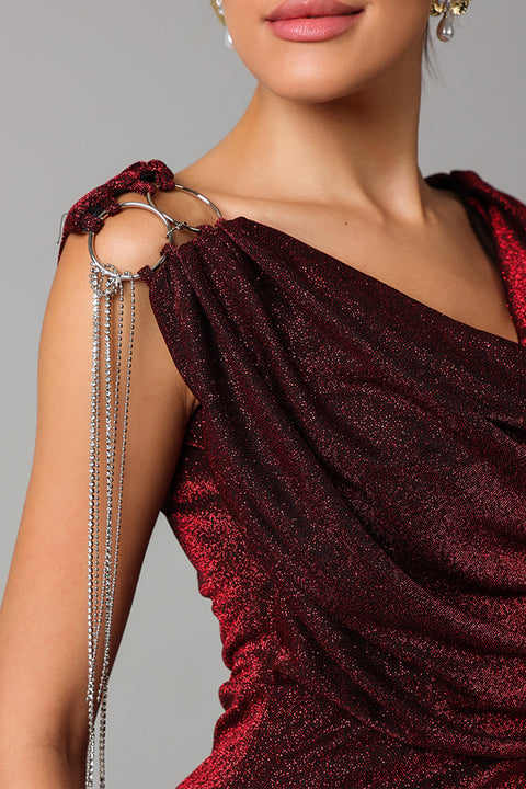 Maroon Shimmer Draped Gown with Embellished Shoulder