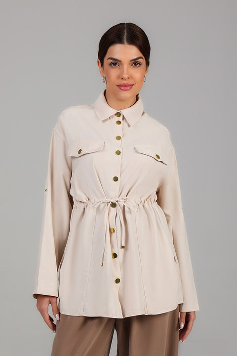 Cream Utility Shirt with Waist Tie