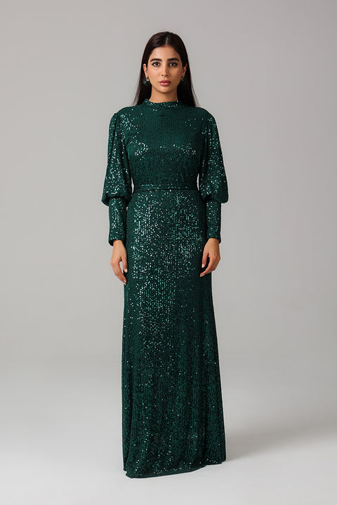 Green Sequin High-Neck Maxi Dress