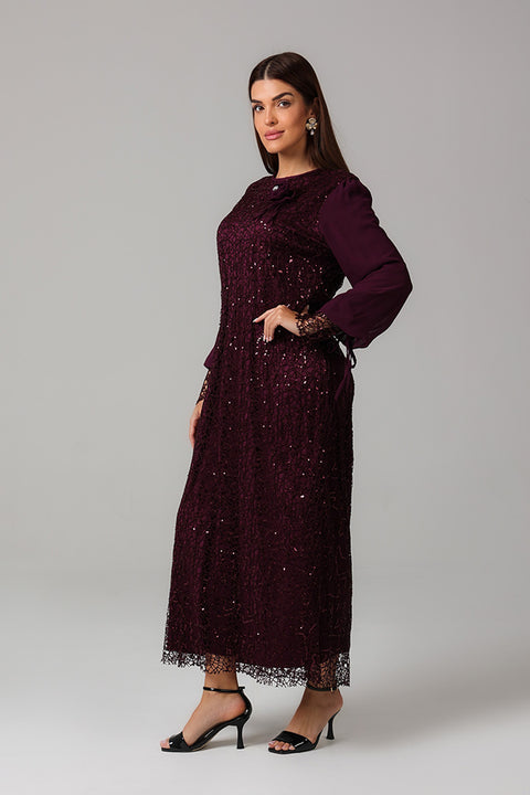 Burgundy Lace Midi Dress with Floral Detail 