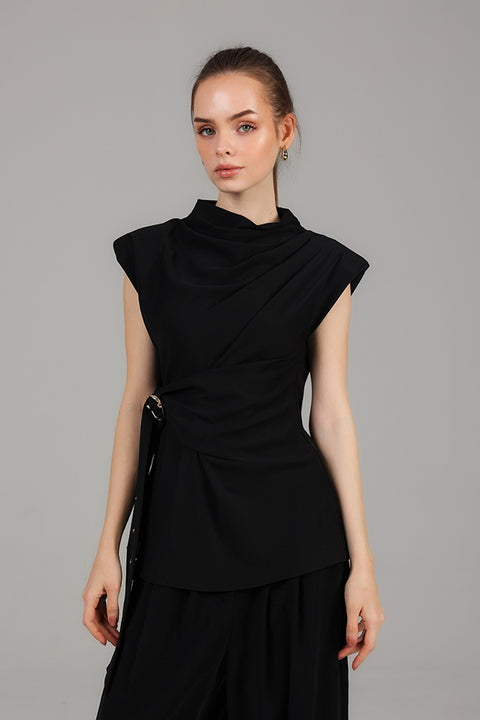 Black Draped Wrap Detail Top 