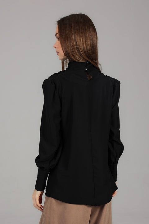 Black High-Neck Draped Top