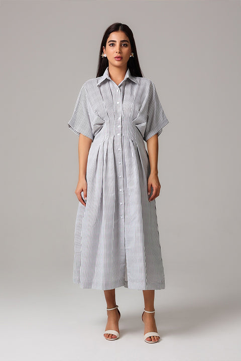 White Striped Shirt Midi Dress for Women
