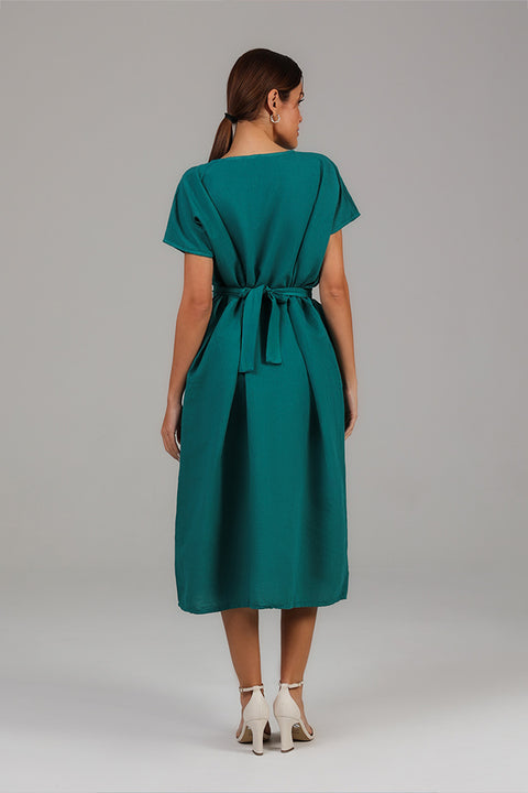 Emerald Green Belted Modest Midi Dress