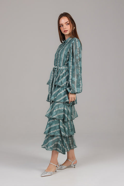 Aqua Green Embroidered Tiered Midi Dress