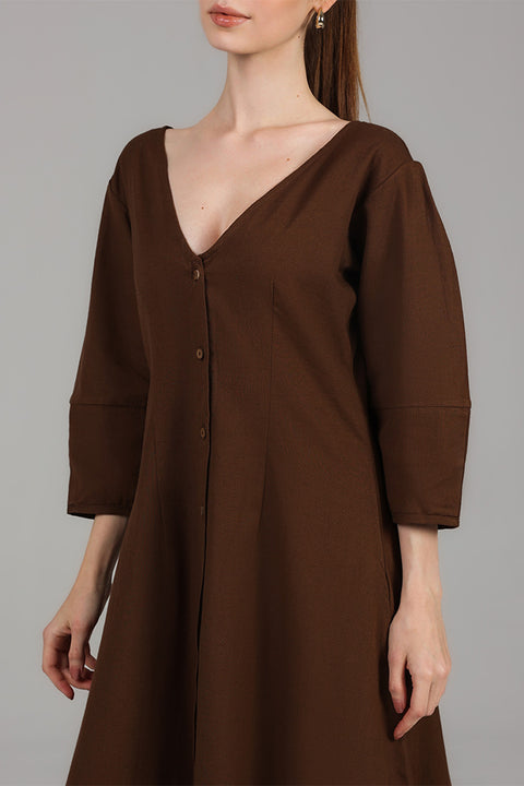 Dark Brown Button-Front A-Line Midi Dress